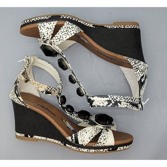 Libby Edelman White Snake Print Wedge Sandals 8M Open Toe Strappy Zip Back EUC - Picture 14 of 15